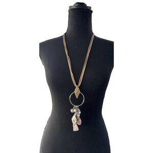 Chicos Pastel Charms Silver Tone 19" Long Tan Rope Statement Necklace NEW